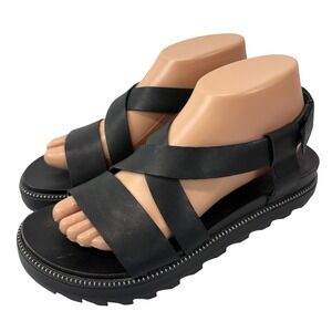 SOREL Women's Size 9 Black Leather Crisscross Strap Studded Platform Sandals